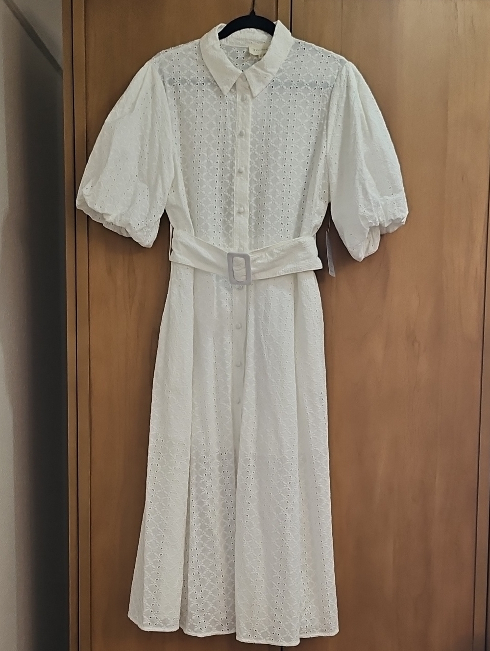 Nordstrom White Eyelet Button-Front Midi Dress with Belt Size L/XL